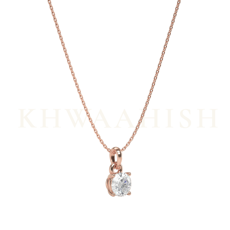 Slanting view of 0.30 ct Ariyos Solitaire Diamond Necklace in rose gold.