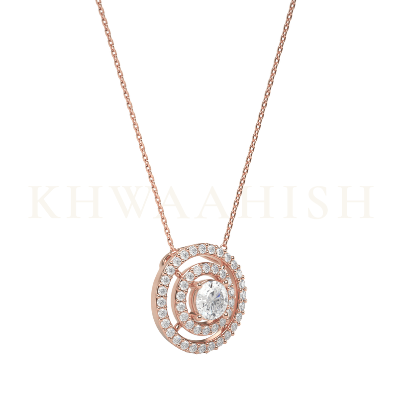 Slanting view of 0.25 ct Radial Radiance Solitaire Diamond Necklace in rose gold.