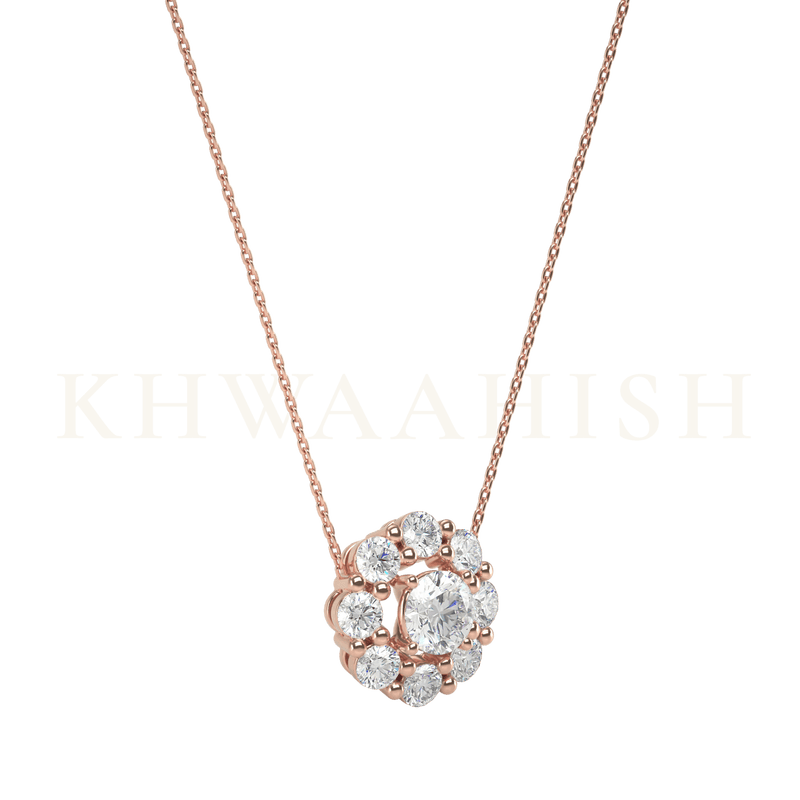 Slanting view of 0.30 ct Soulful Sun Solitaire Diamond Necklace in rose gold.
