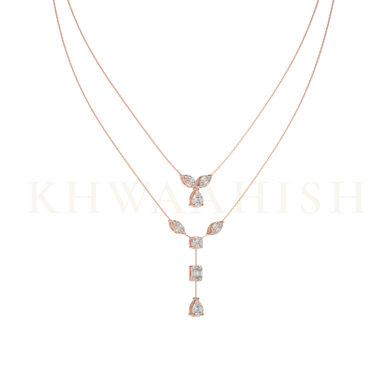 Slanting view of Stylish Diva Layered Diamond Necklace in rose gold.