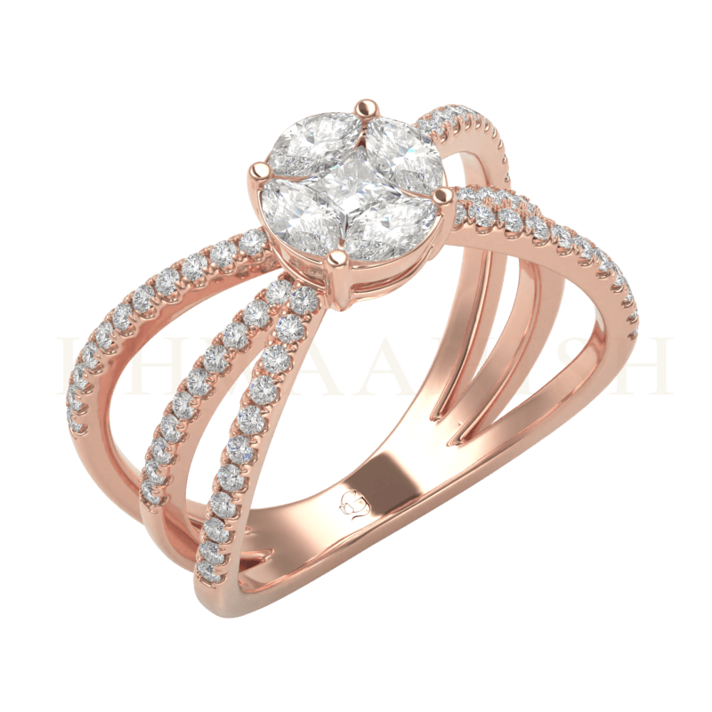 Slanting view of 1.50 ct Round Solitaire Look Ravishing Radiance Diamond Ring in rose gold.
