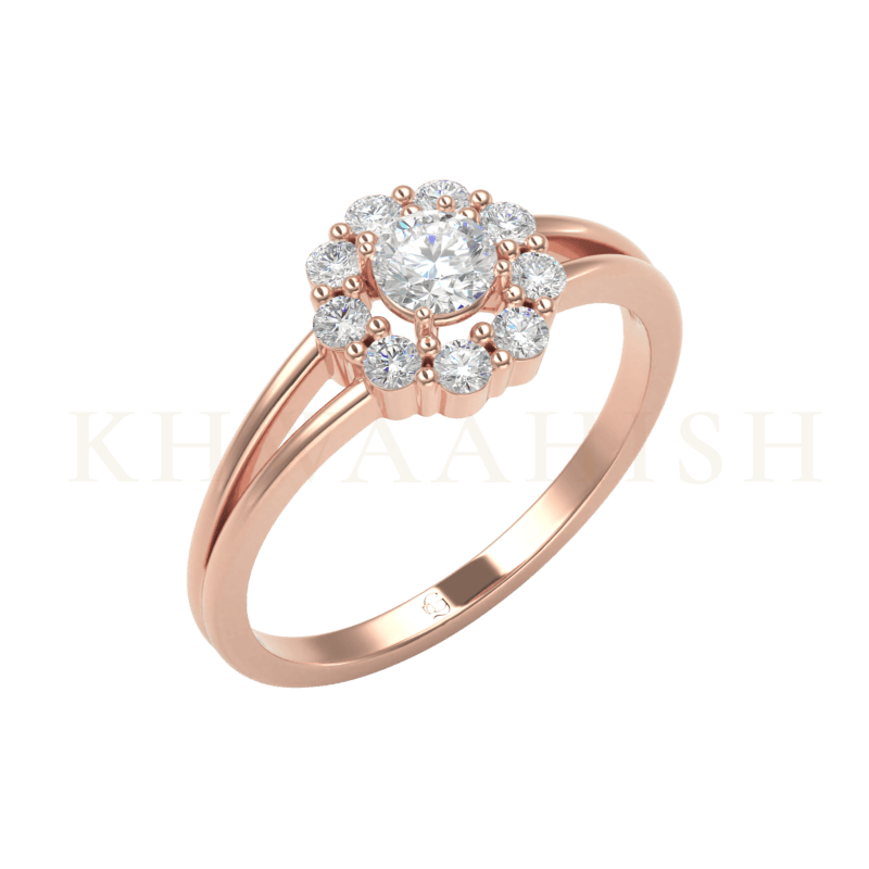 Slanting view of 0.30 Ct Ravishing Chloris Solitaire Diamond Ring in rose gold.