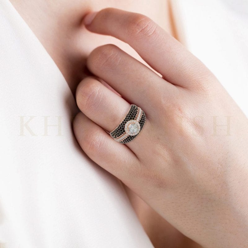 Close-up view of a model wearing Entice Me Diamond Jacket Ring in rose gold.